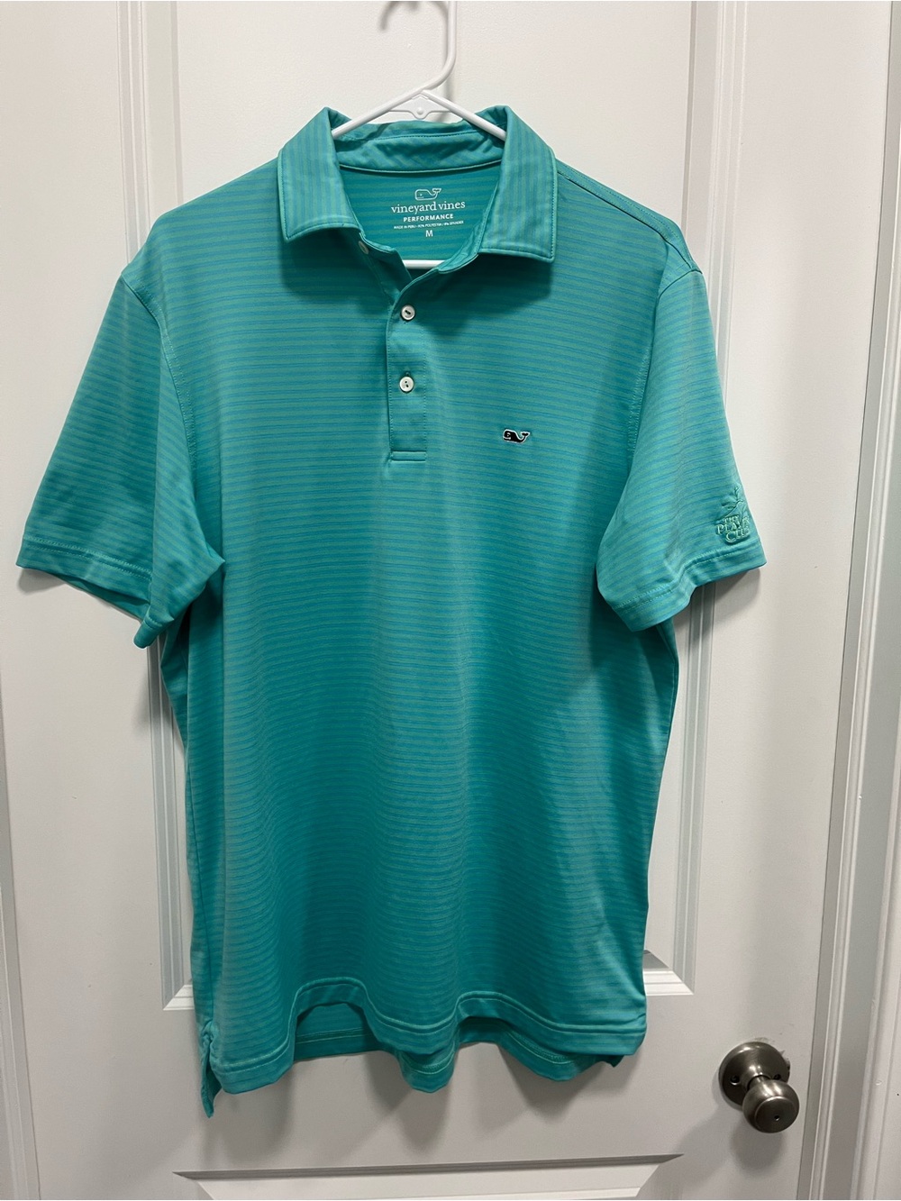 Vineyard Vines Performance Teal And Green Striped Polo Size Medium EUC Whale